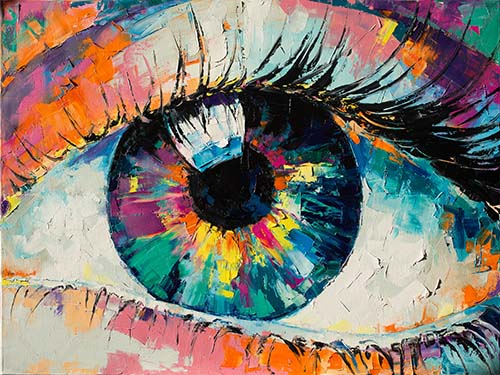 brightly colored painted close-up of an eye