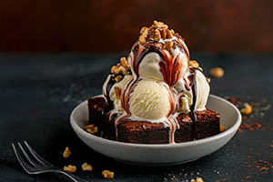 Warm Brownie Topped with Vanilla Ice Cream, Chocolate Sauce, Nuts