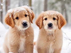 image of two golden retriever puppies in snow