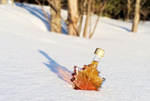 maple leaf shaped jar of syrup in the snow